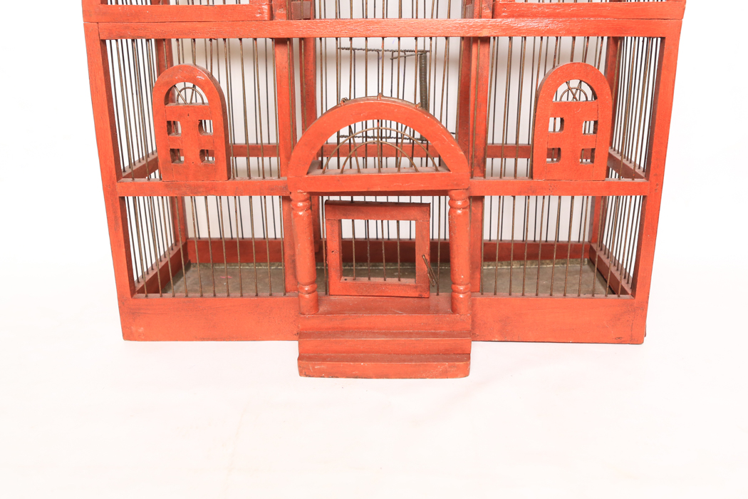 Vintage Large Hand Painted Red Wooden and Wire Bird Cage