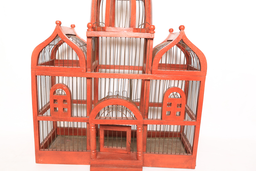Vintage Large Hand Painted Red Wooden and Wire Bird Cage