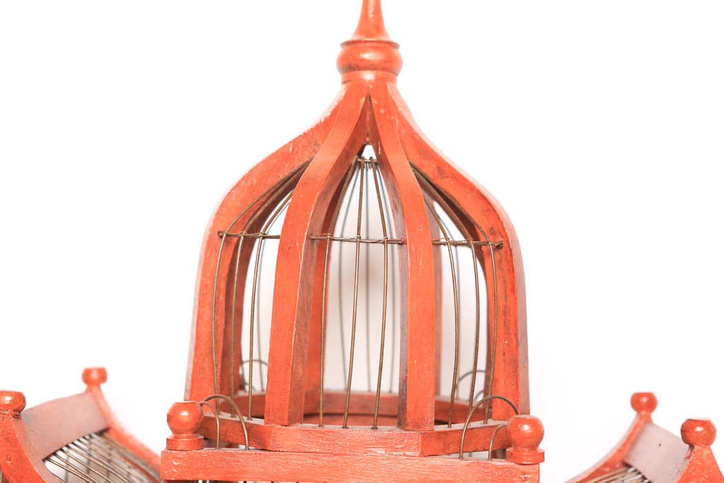 Vintage Large Hand Painted Red Wooden and Wire Bird Cage