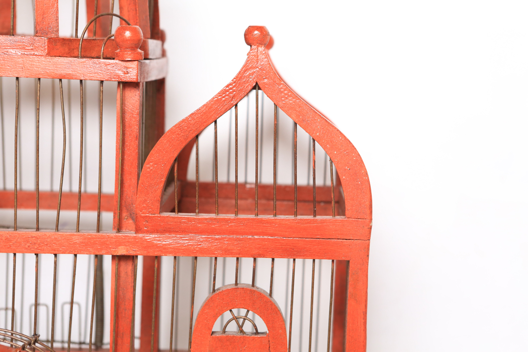 Vintage Large Hand Painted Red Wooden and Wire Bird Cage