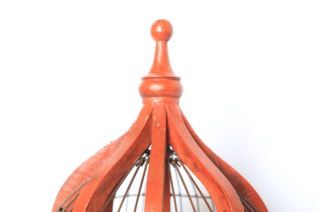 Vintage Large Hand Painted Red Wooden and Wire Bird Cage