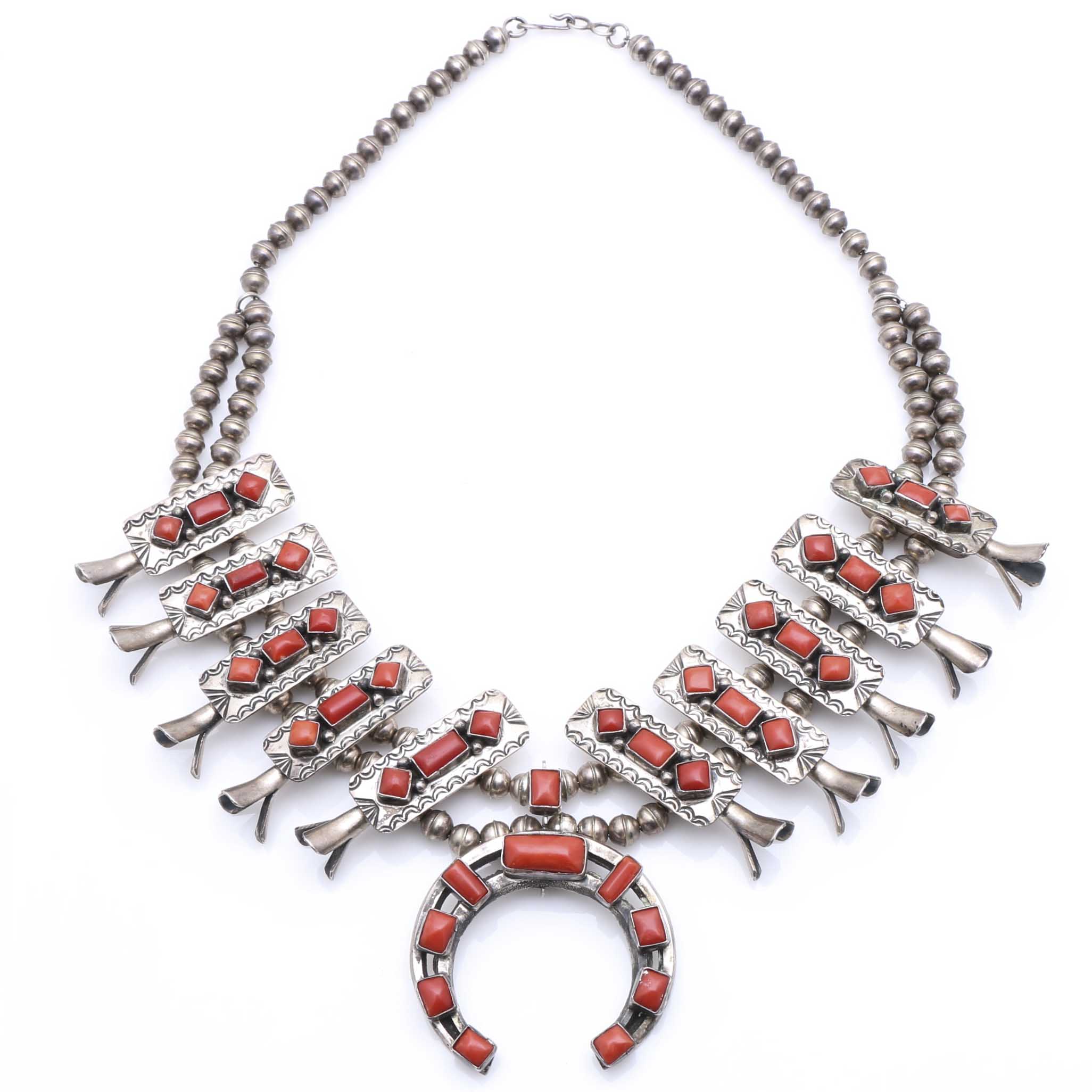 Paul J. Begay Sterling Silver Coral Navajo Squash Blossom Necklace