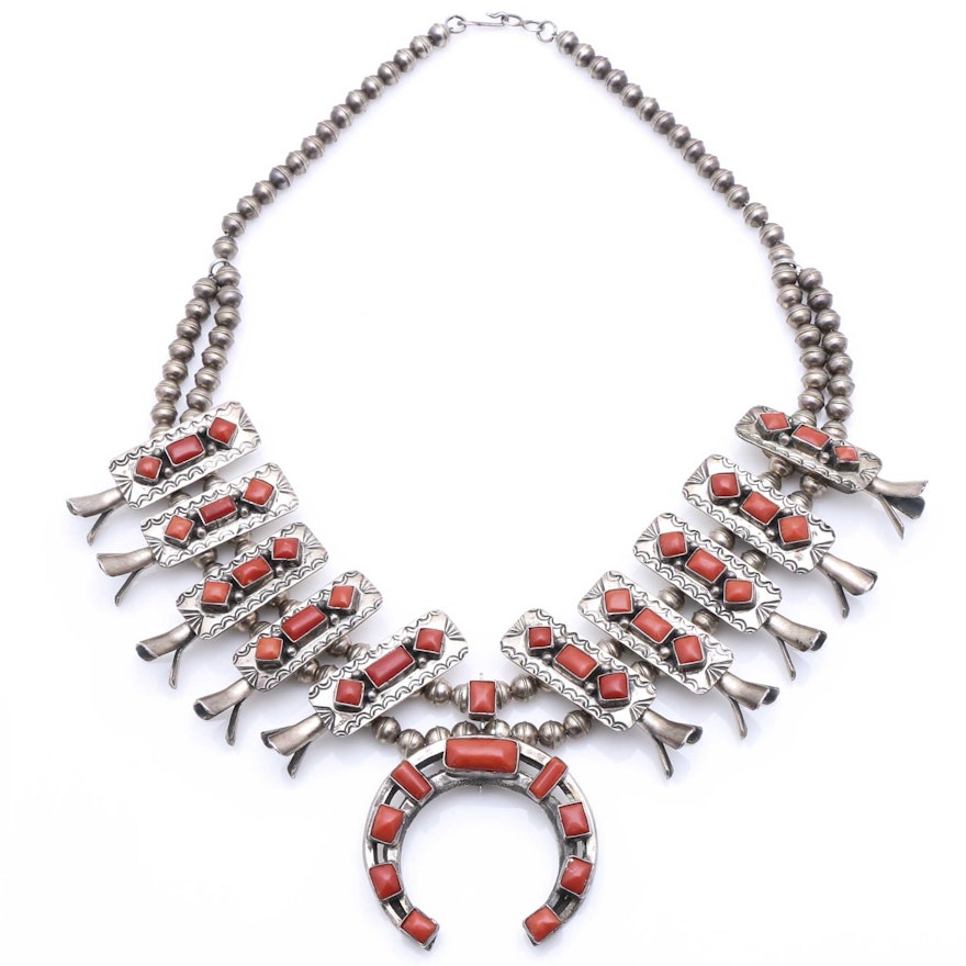 Paul J. Begay Sterling Silver Coral Navajo Squash Blossom Necklace