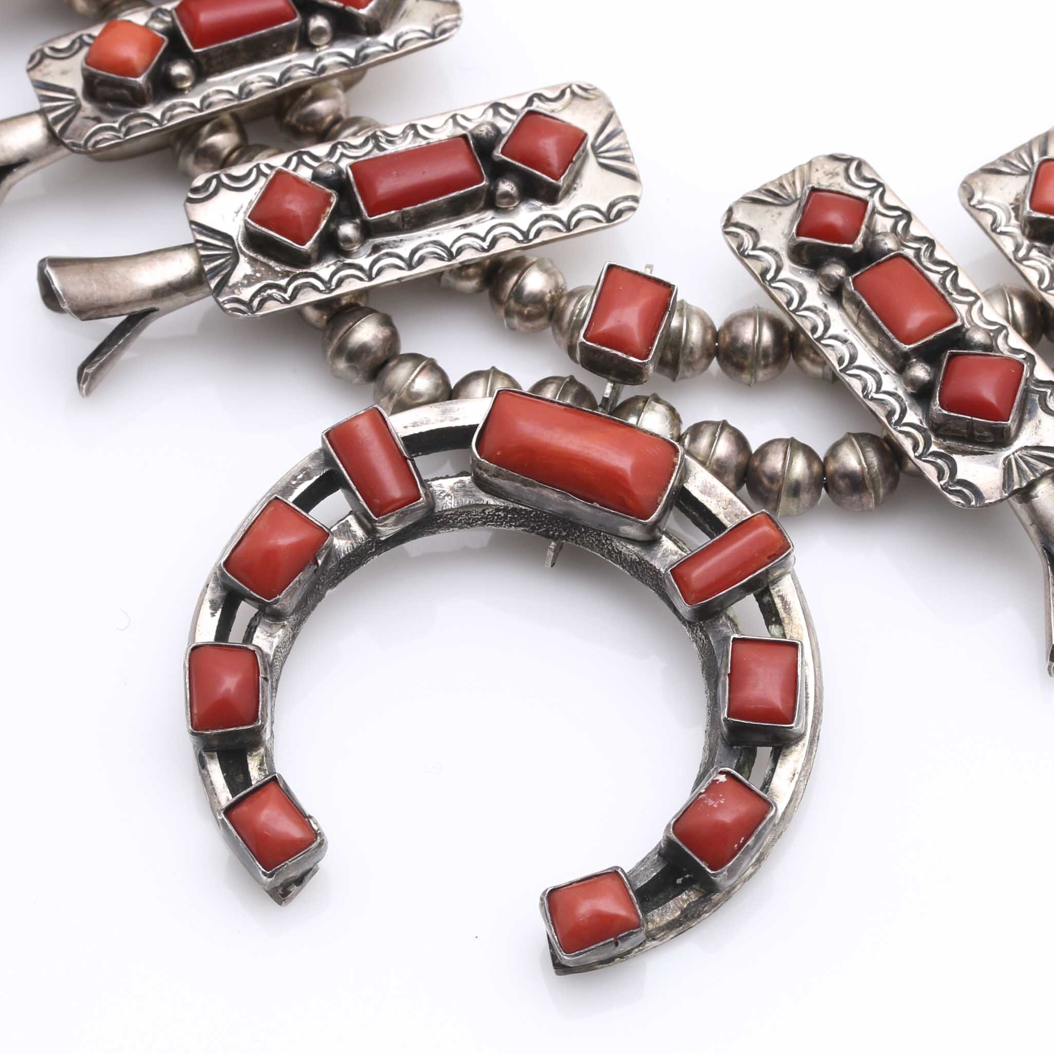 Paul J. Begay Sterling Silver Coral Navajo Squash Blossom Necklace