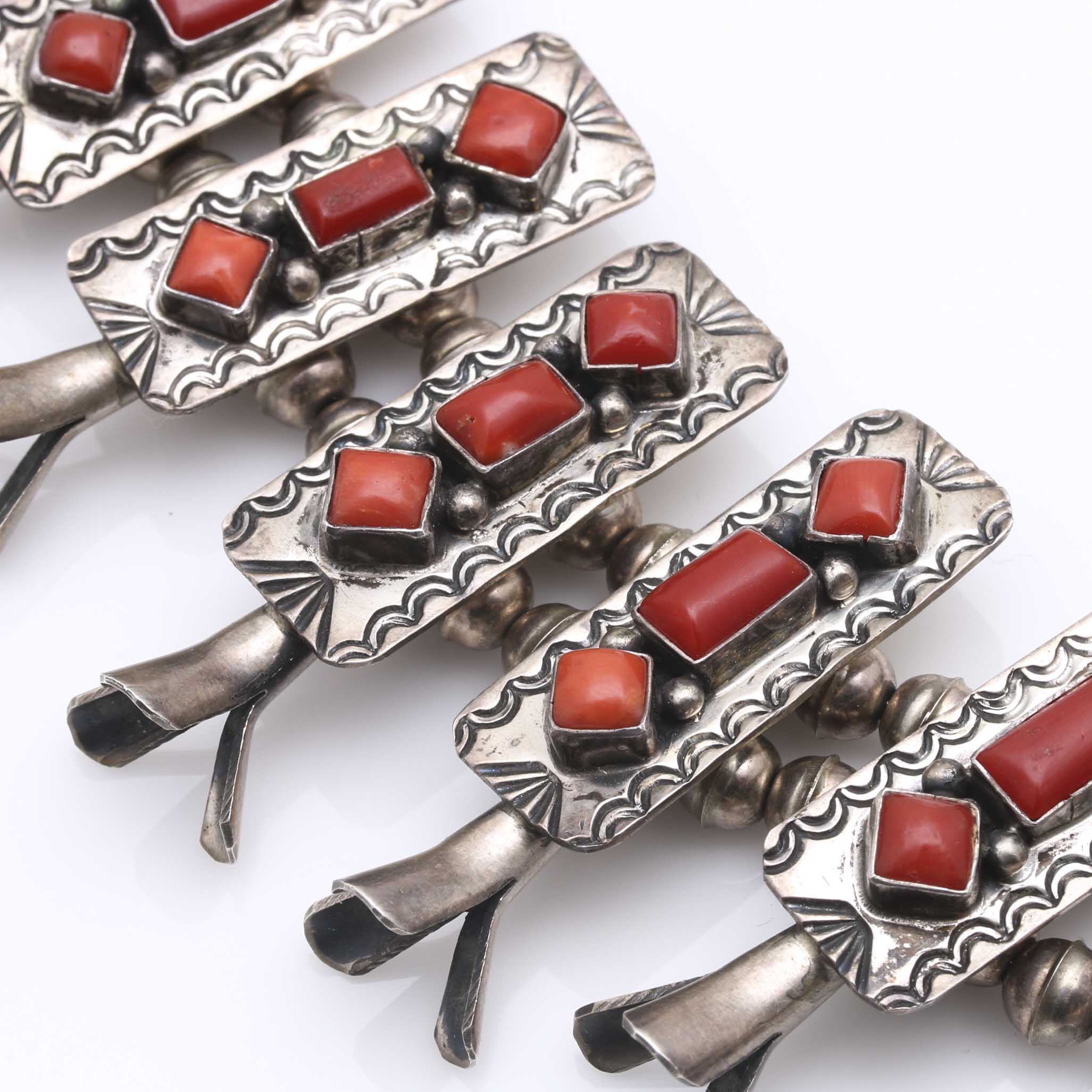 Paul J. Begay Sterling Silver Coral Navajo Squash Blossom Necklace