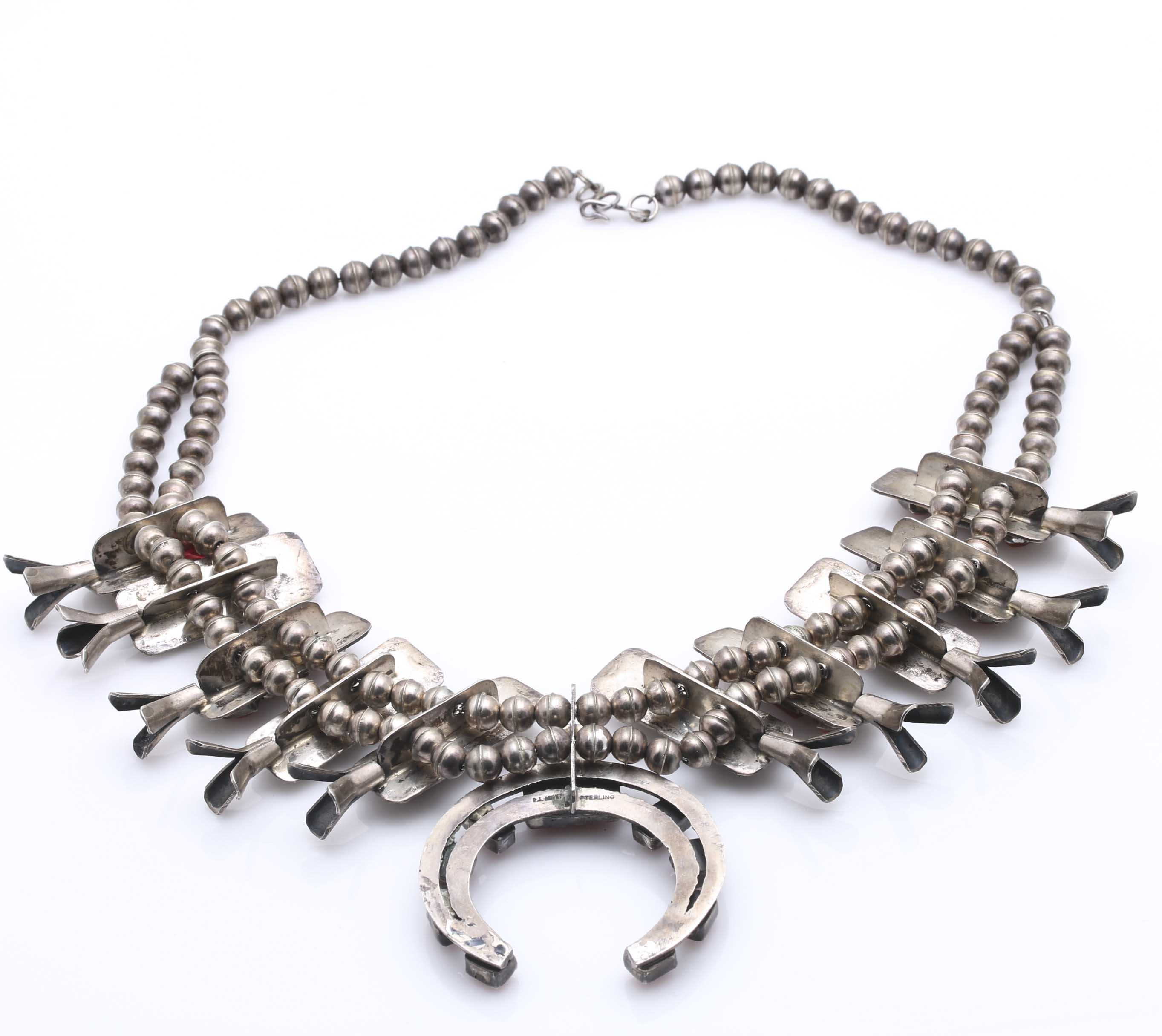 Paul J. Begay Sterling Silver Coral Navajo Squash Blossom Necklace