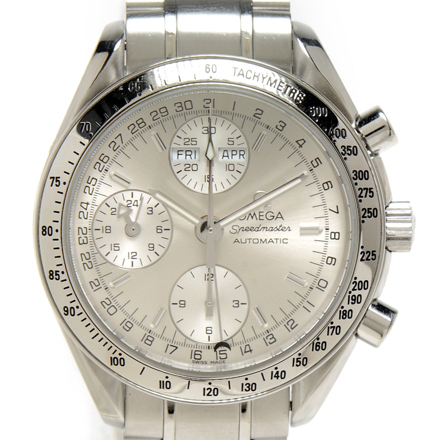 Men's Omega Speedmaster Triple Calendar Silver Chronograph Steel Automatic Wristwatch