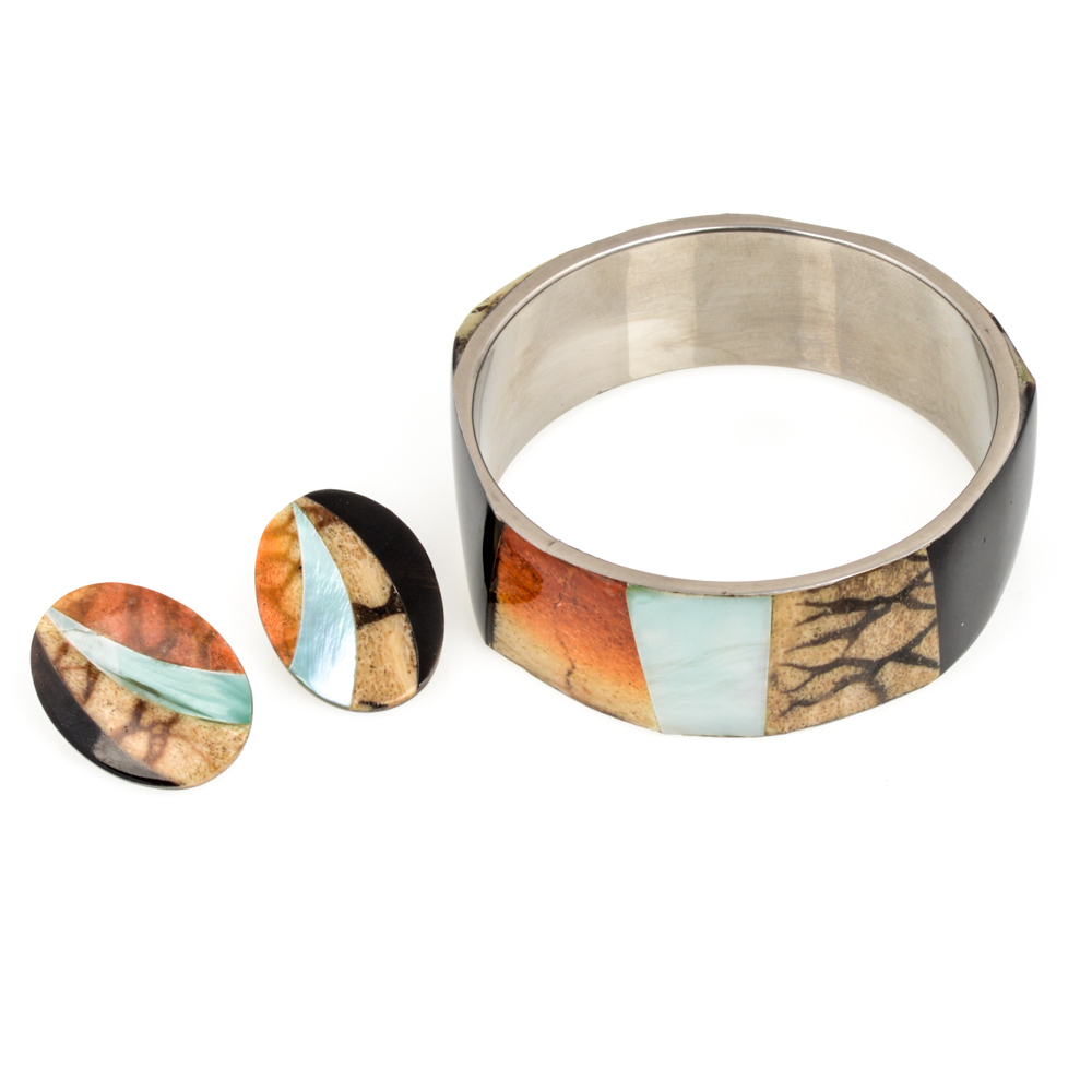 Stainless Steel, Onyx, and Mother-of-Pearl Bangle and Earring Set