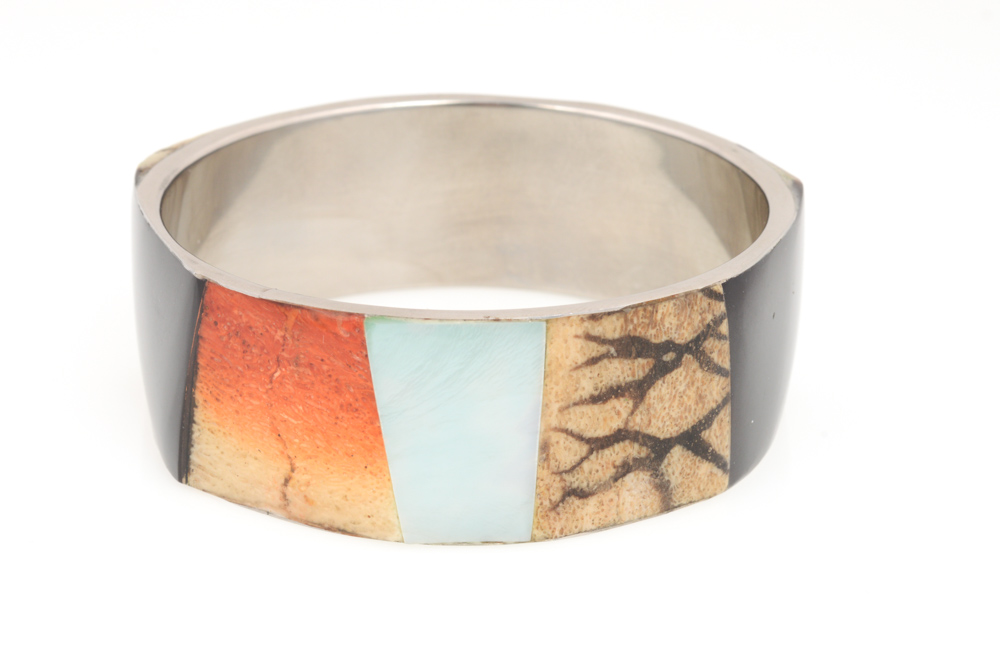 Stainless Steel, Onyx, and Mother-of-Pearl Bangle and Earring Set