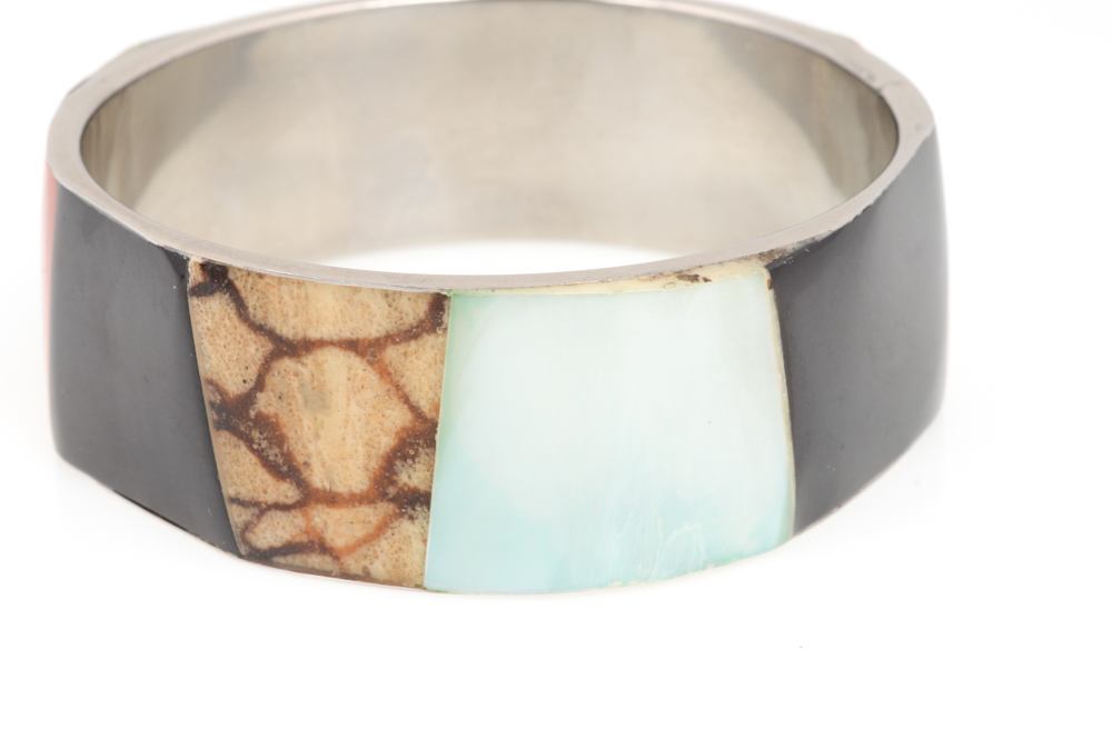 Stainless Steel, Onyx, and Mother-of-Pearl Bangle and Earring Set