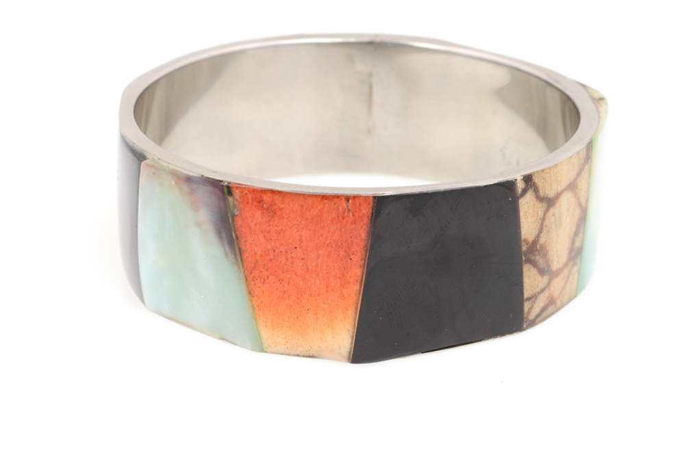 Stainless Steel, Onyx, and Mother-of-Pearl Bangle and Earring Set