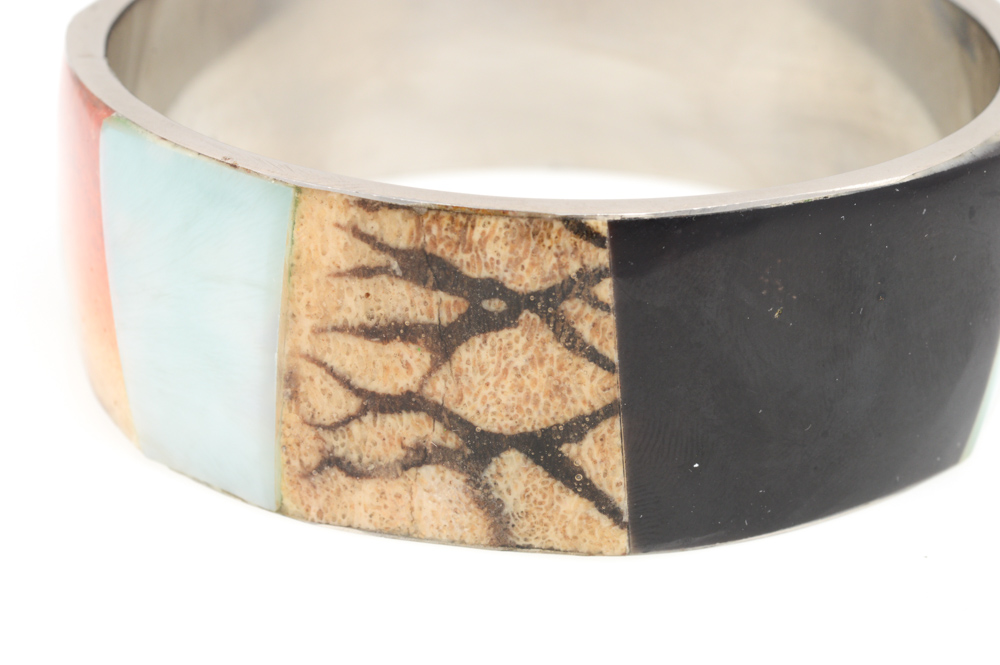 Stainless Steel, Onyx, and Mother-of-Pearl Bangle and Earring Set