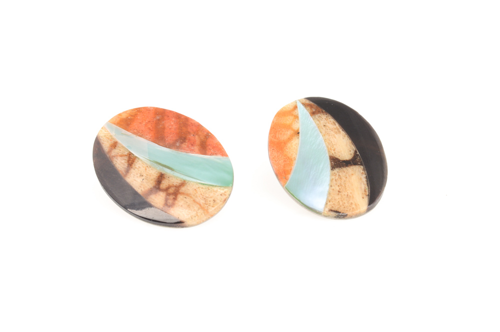 Stainless Steel, Onyx, and Mother-of-Pearl Bangle and Earring Set