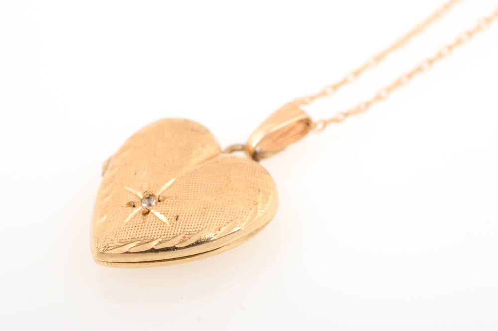 14K Yellow Gold and Diamond Heart Locket and Chain