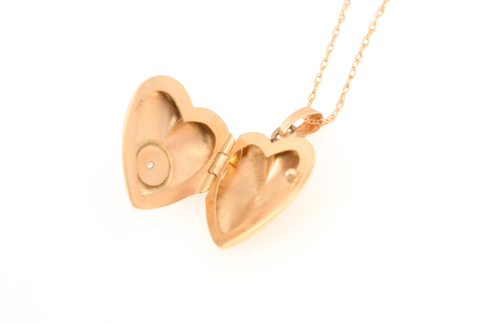 14K Yellow Gold and Diamond Heart Locket and Chain
