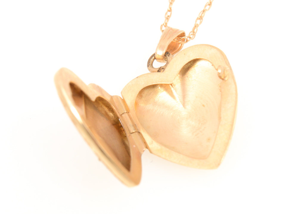14K Yellow Gold and Diamond Heart Locket and Chain