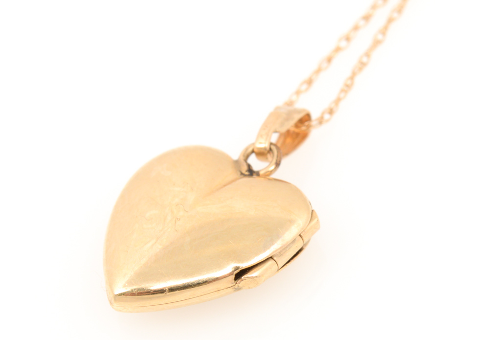 14K Yellow Gold and Diamond Heart Locket and Chain