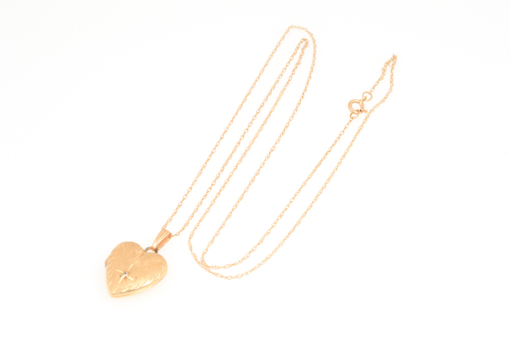 14K Yellow Gold and Diamond Heart Locket and Chain
