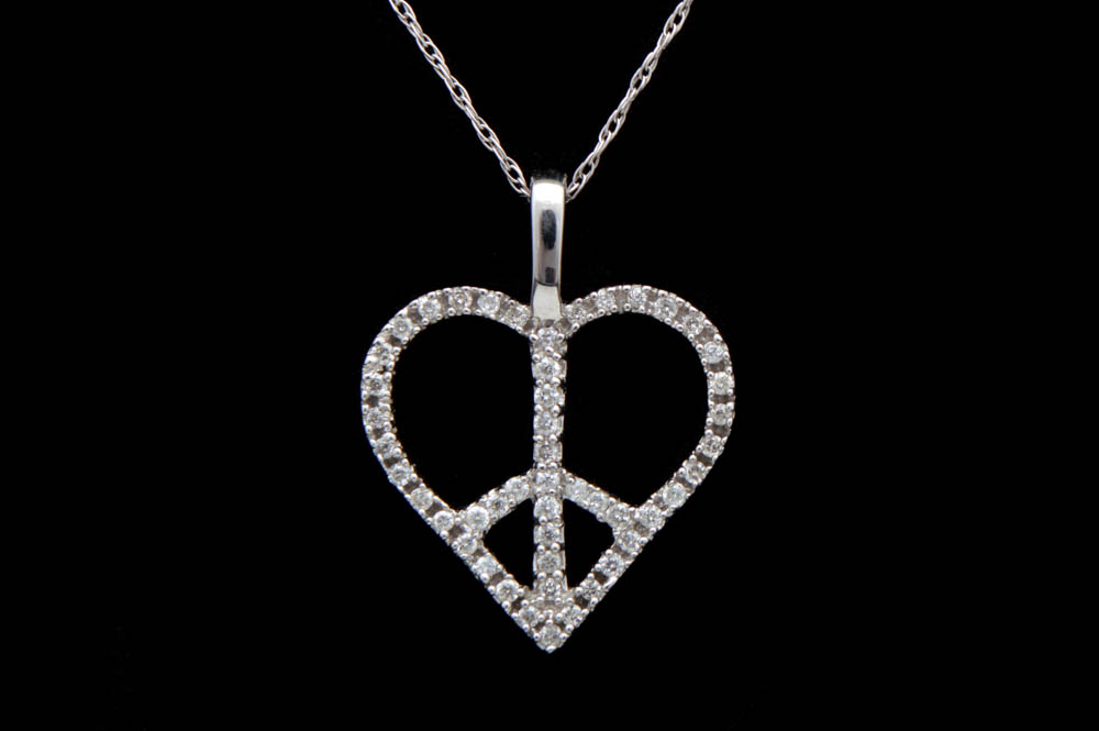 0.20 CTW Diamond and 10K White Gold Heart Peace Pendant with Chain