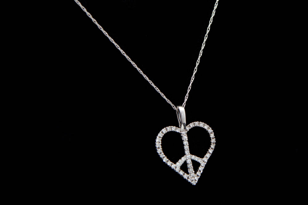 0.20 CTW Diamond and 10K White Gold Heart Peace Pendant with Chain