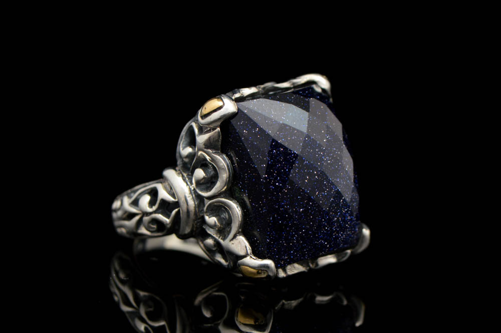 Robert Manse Sterling Silver, 18K Gold and Blue Goldstone Ring