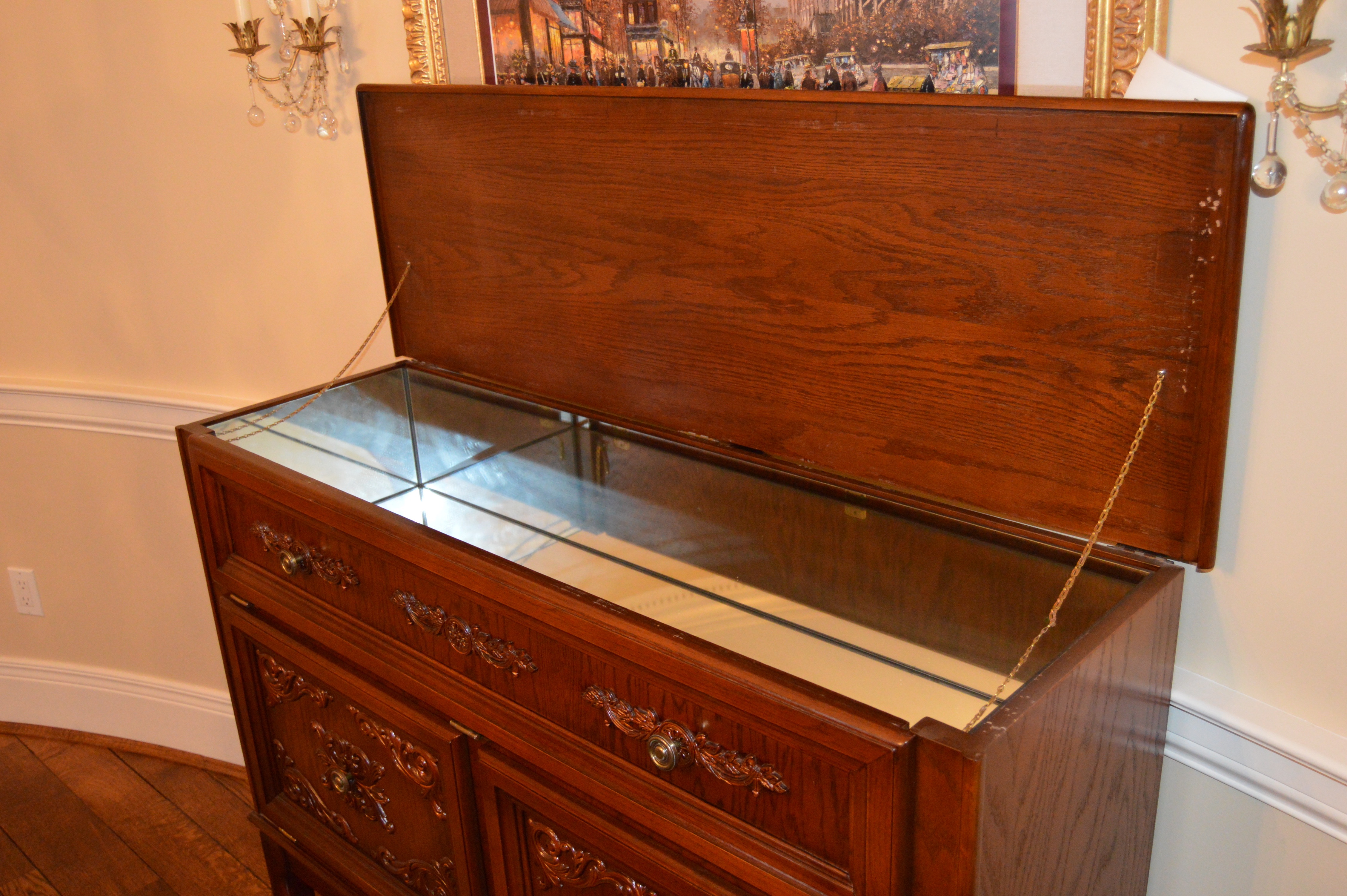 Vintage Oak Flip-Top Bar Cabinet