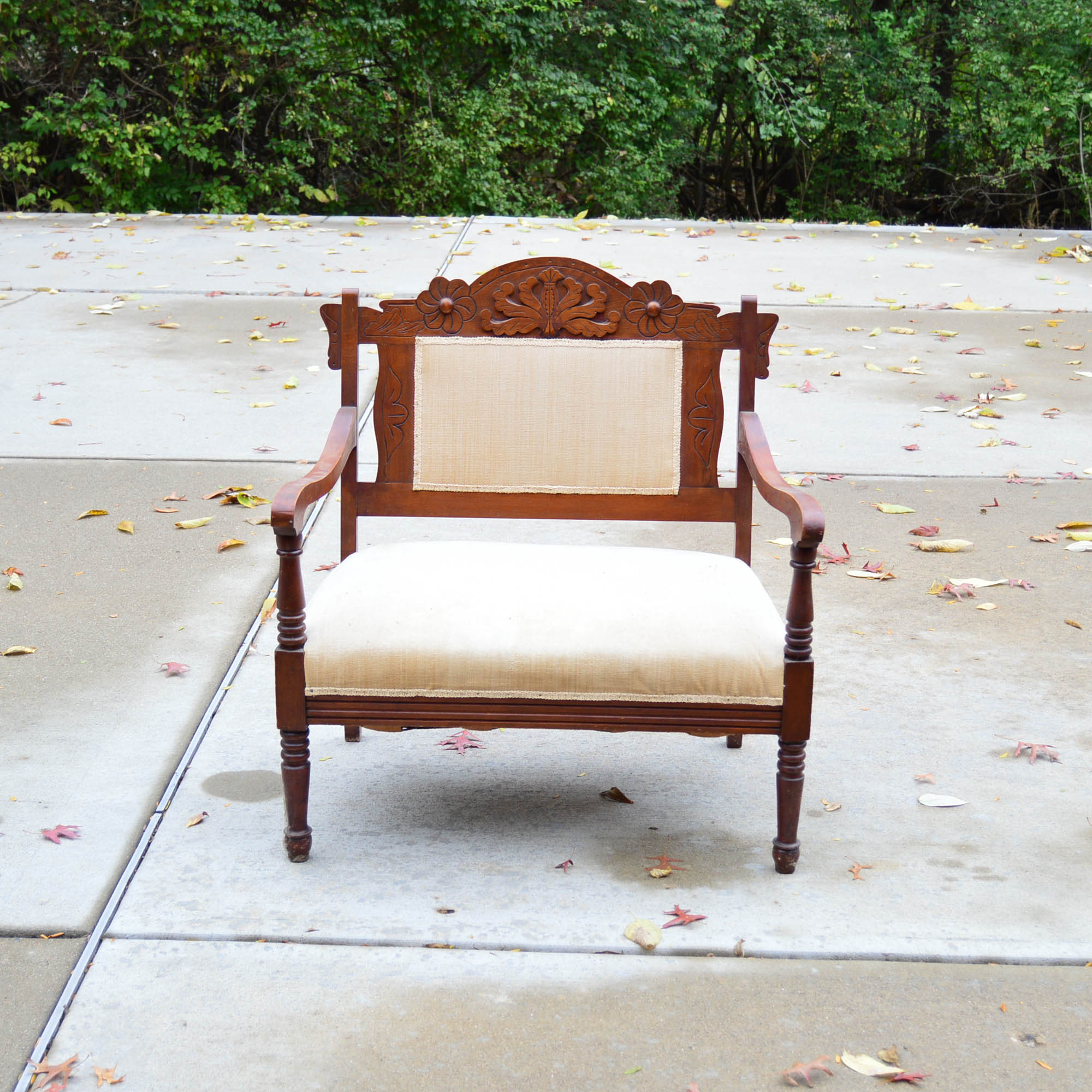 Antique Victorian Style  Settee With Cream Tone Upholstery