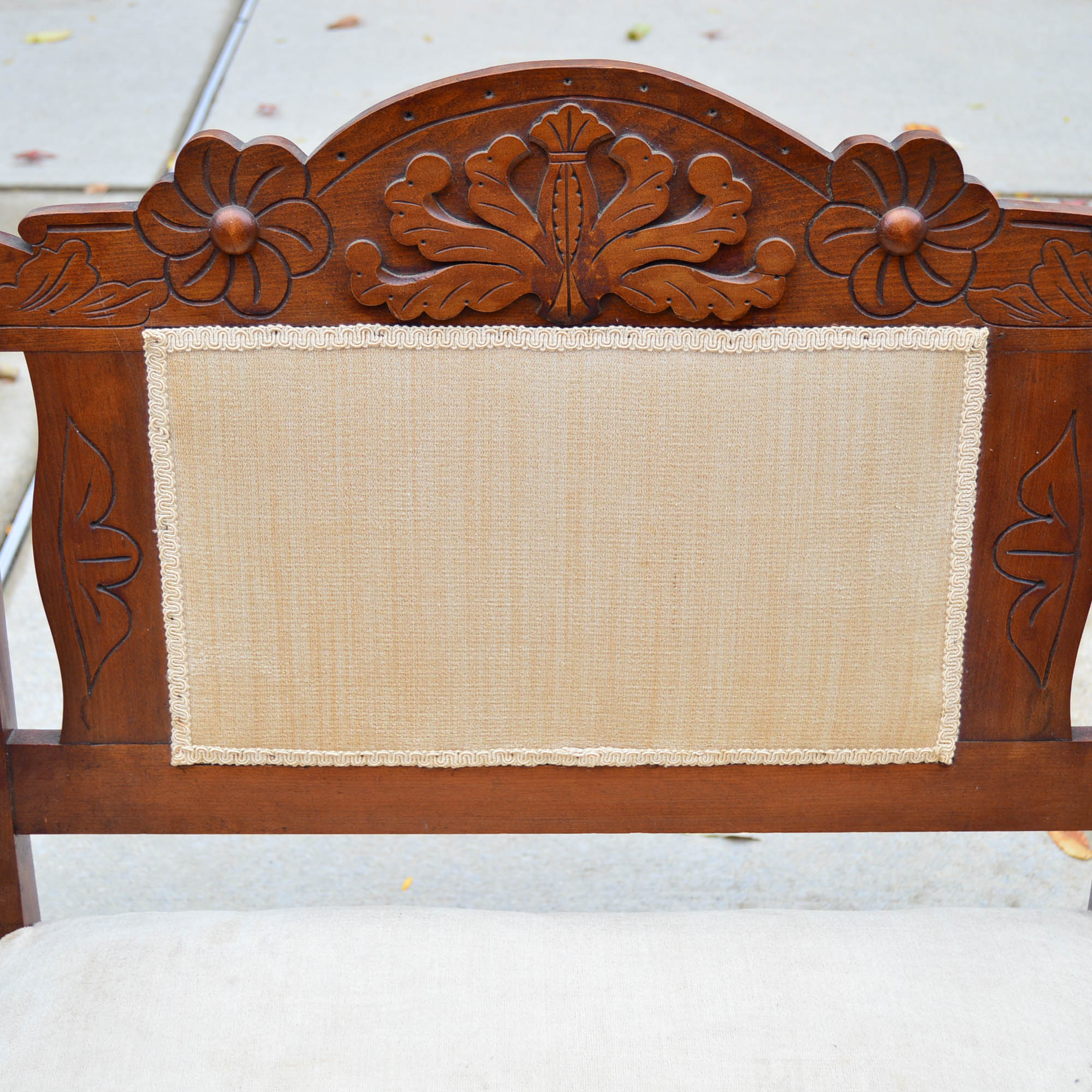 Antique Victorian Style  Settee With Cream Tone Upholstery