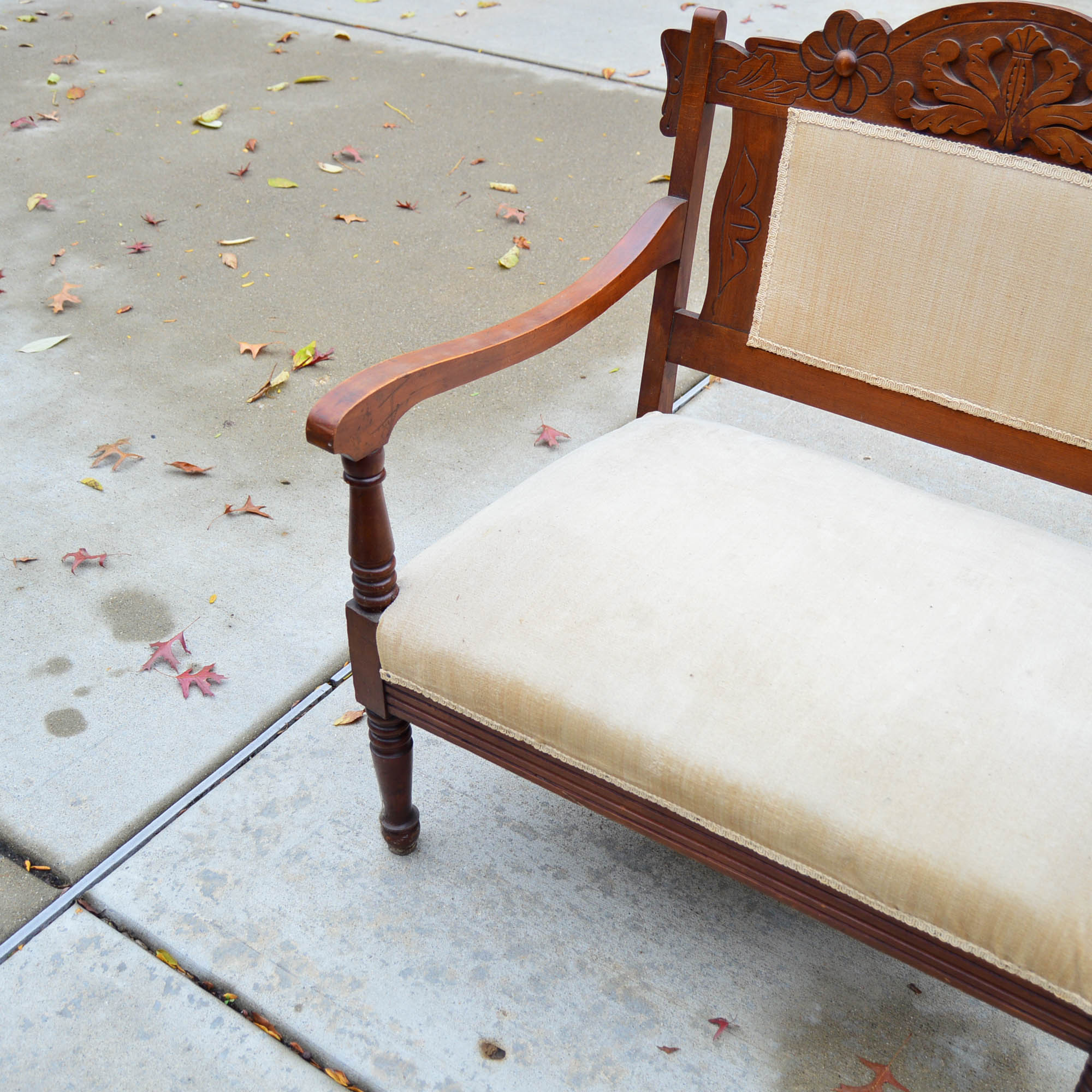 Antique Victorian Style  Settee With Cream Tone Upholstery