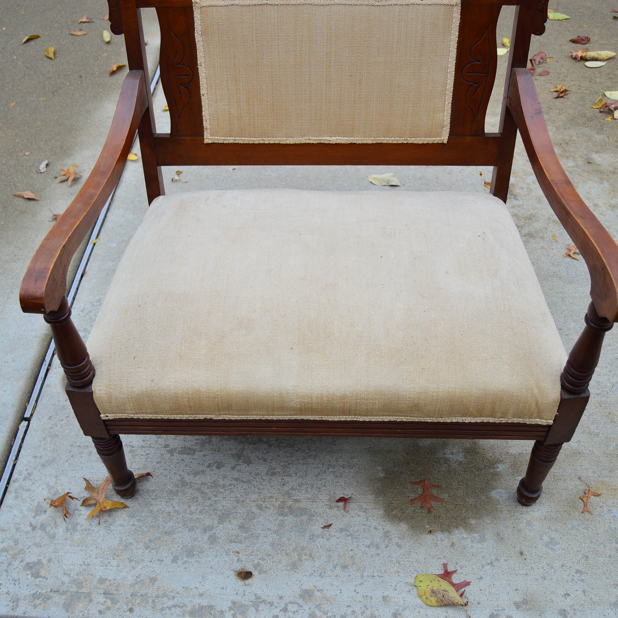 Antique Victorian Style  Settee With Cream Tone Upholstery