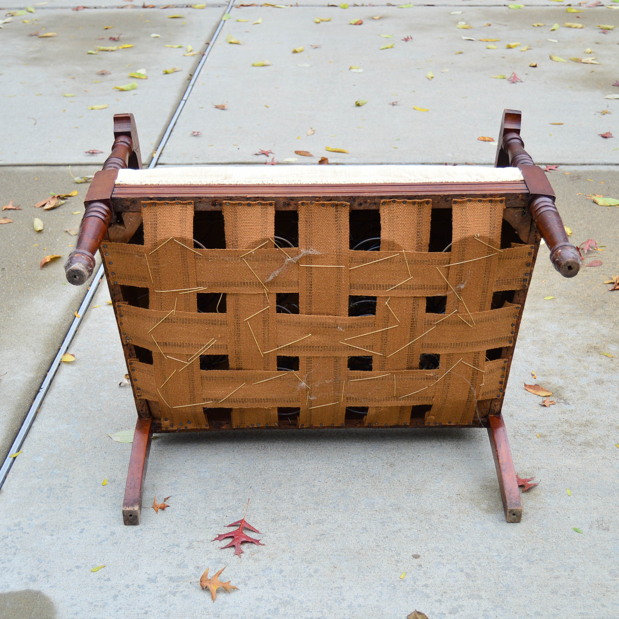 Antique Victorian Style  Settee With Cream Tone Upholstery