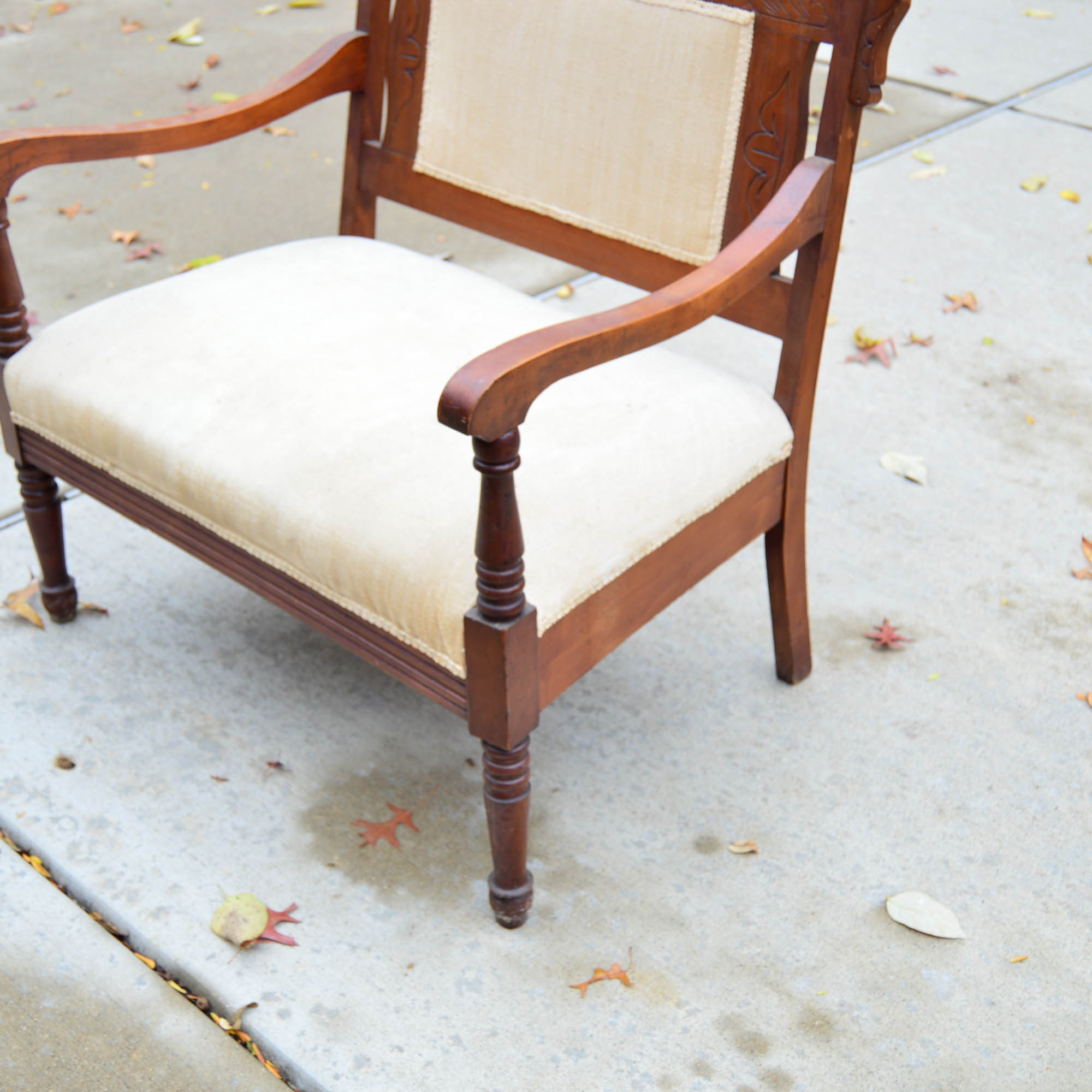 Antique Victorian Style  Settee With Cream Tone Upholstery