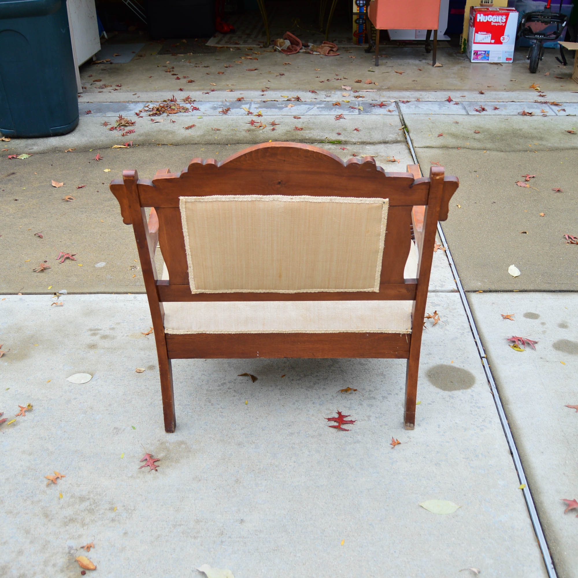 Antique Victorian Style  Settee With Cream Tone Upholstery