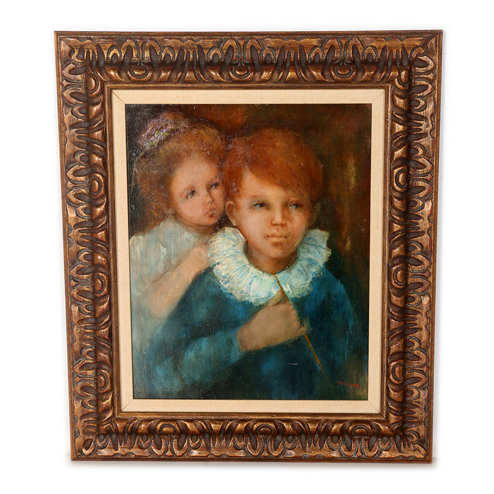 Oil on Board Portrait of Siblings