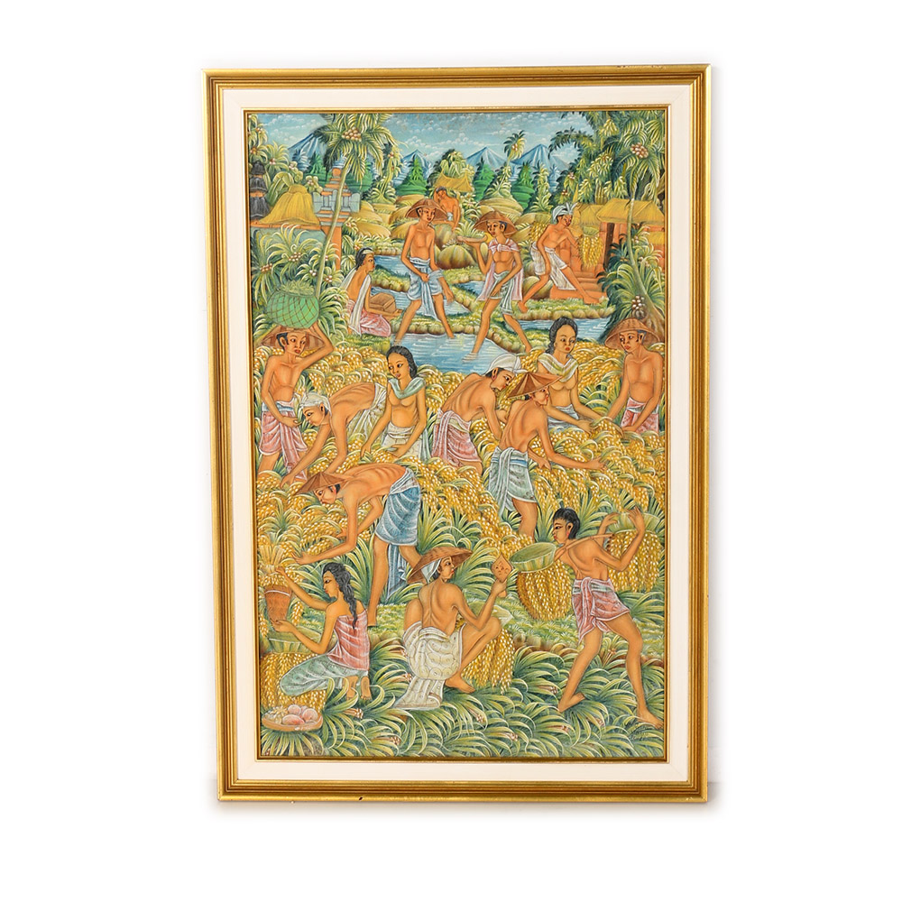 Framed Original Balinese Folk Art Painting on Linen