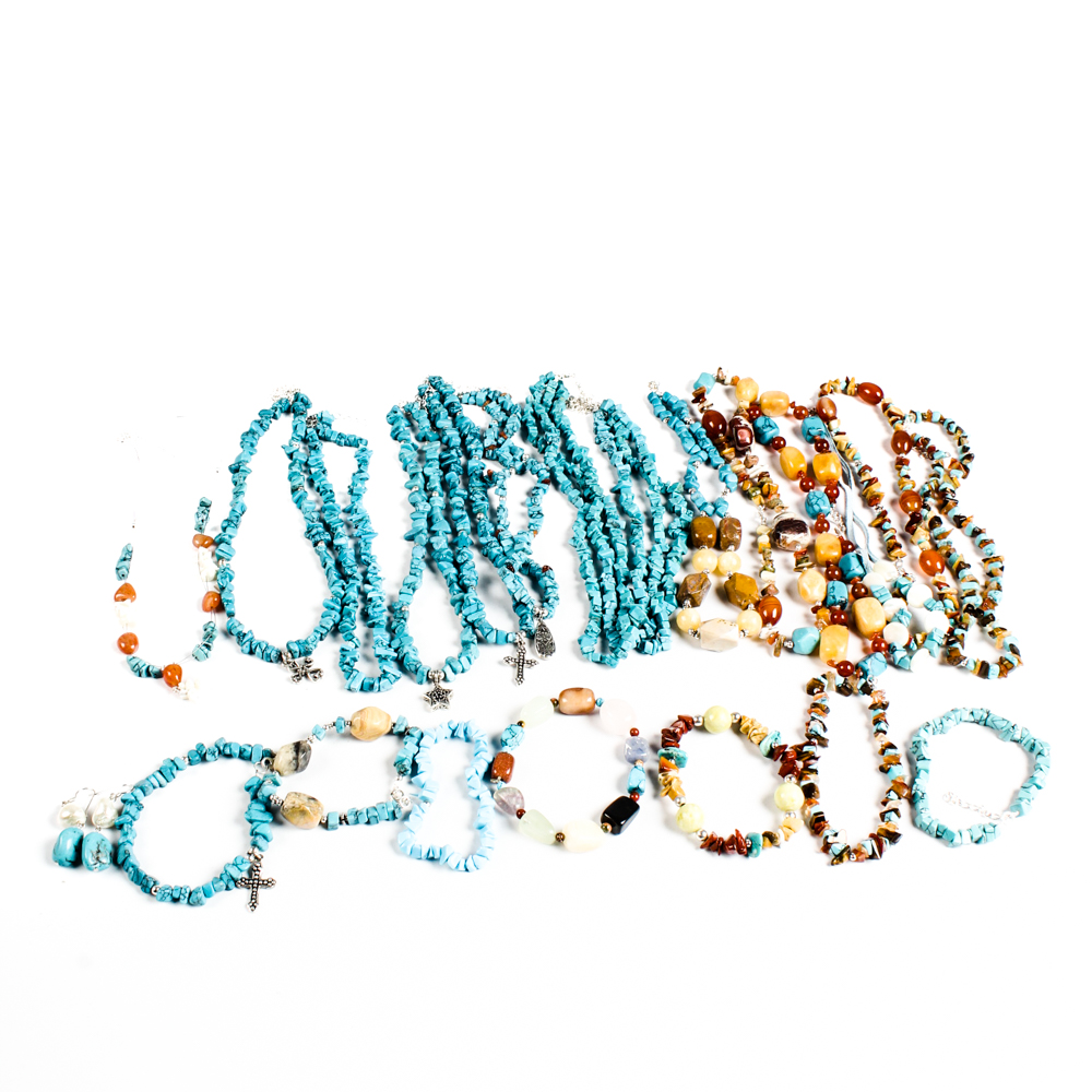 Sterling Silver Imitation Turquoise and Natural Stone Jewelry Assortment