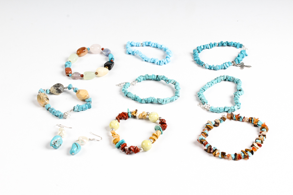 Sterling Silver Imitation Turquoise and Natural Stone Jewelry Assortment