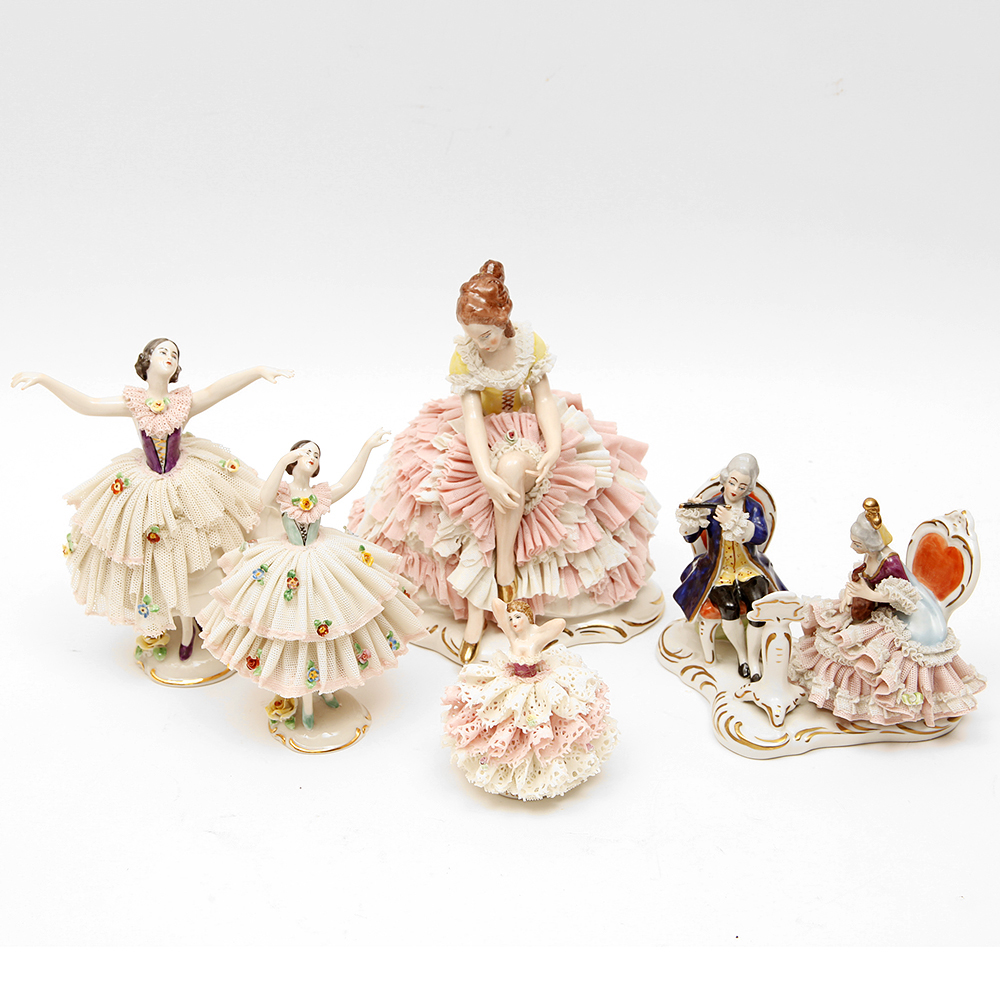 Porcelain Dipped Dresden Lace Figurines Featuring Frankenthal and Müller - Volkstedt