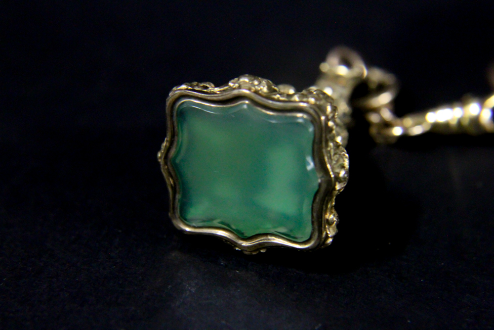 Waltham Cronometro Victoria Pocket Watch in 18K Gold Case with 14K Gold Fob with Green Stone and Key