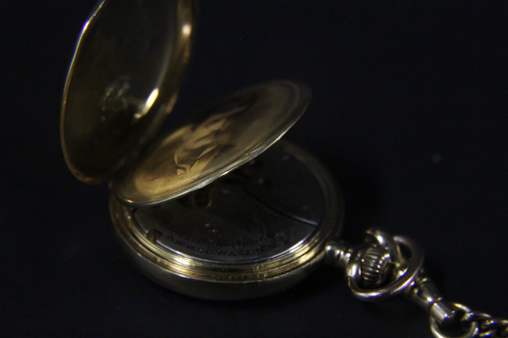 Waltham Cronometro Victoria Pocket Watch in 18K Gold Case with 14K Gold Fob with Green Stone and Key