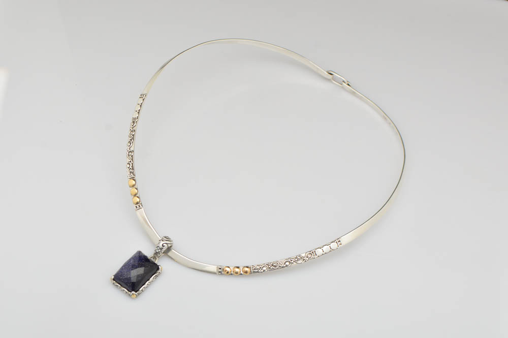 Robert Manse Sterling Silver, 18K Rose Gold and Purple Goldstone Pendant with Choker