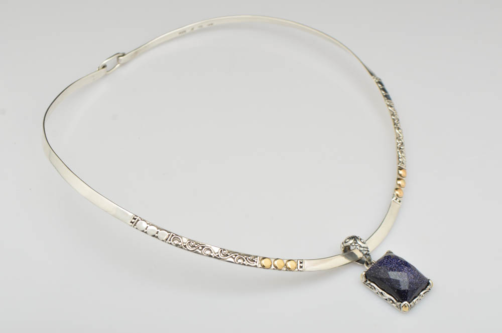 Robert Manse Sterling Silver, 18K Rose Gold and Purple Goldstone Pendant with Choker