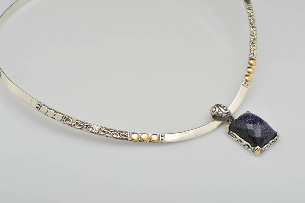 Robert Manse Sterling Silver, 18K Rose Gold and Purple Goldstone Pendant with Choker