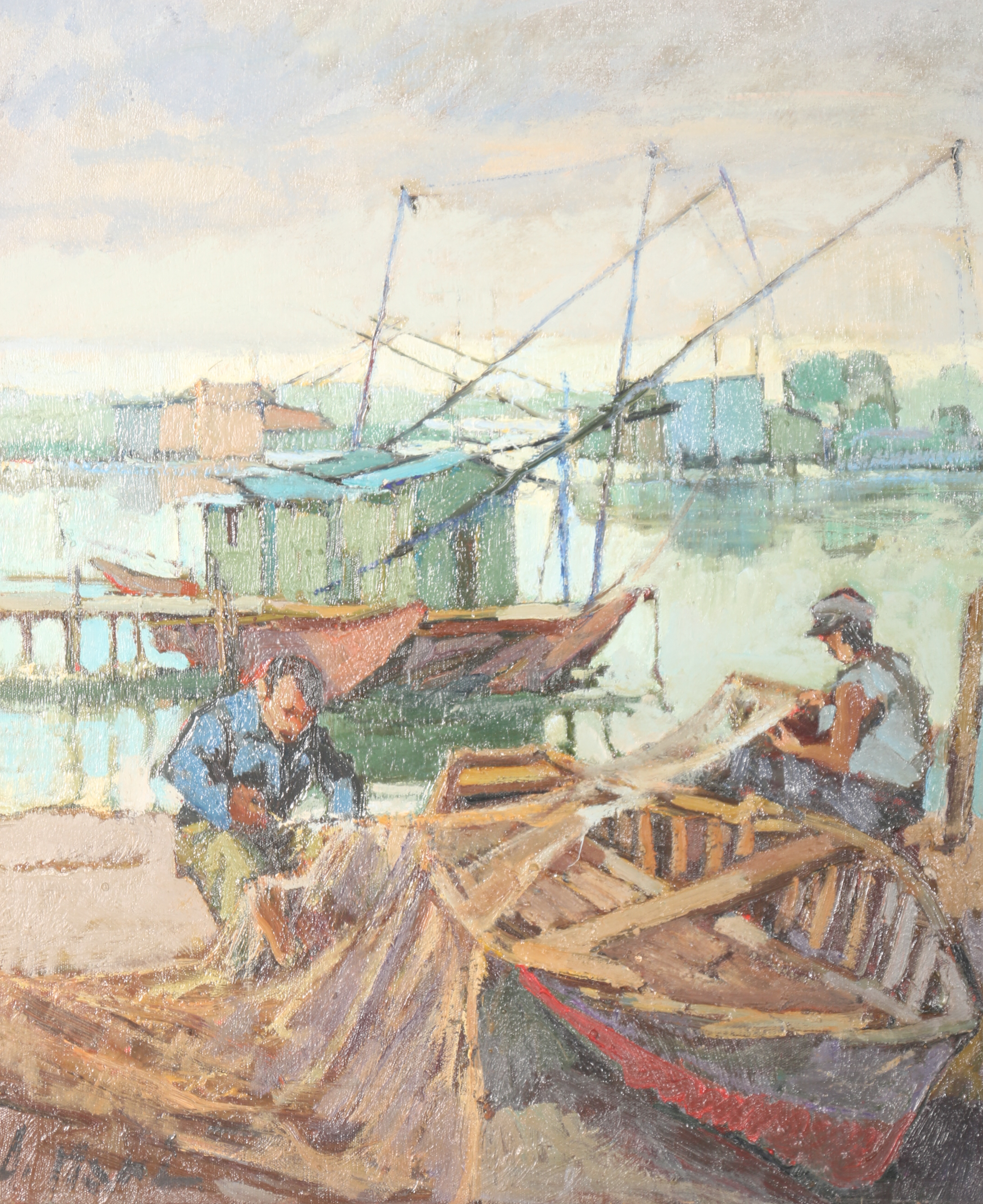 1970 Aldo Mari "Capanni e Pescatori" Oil on Canvas