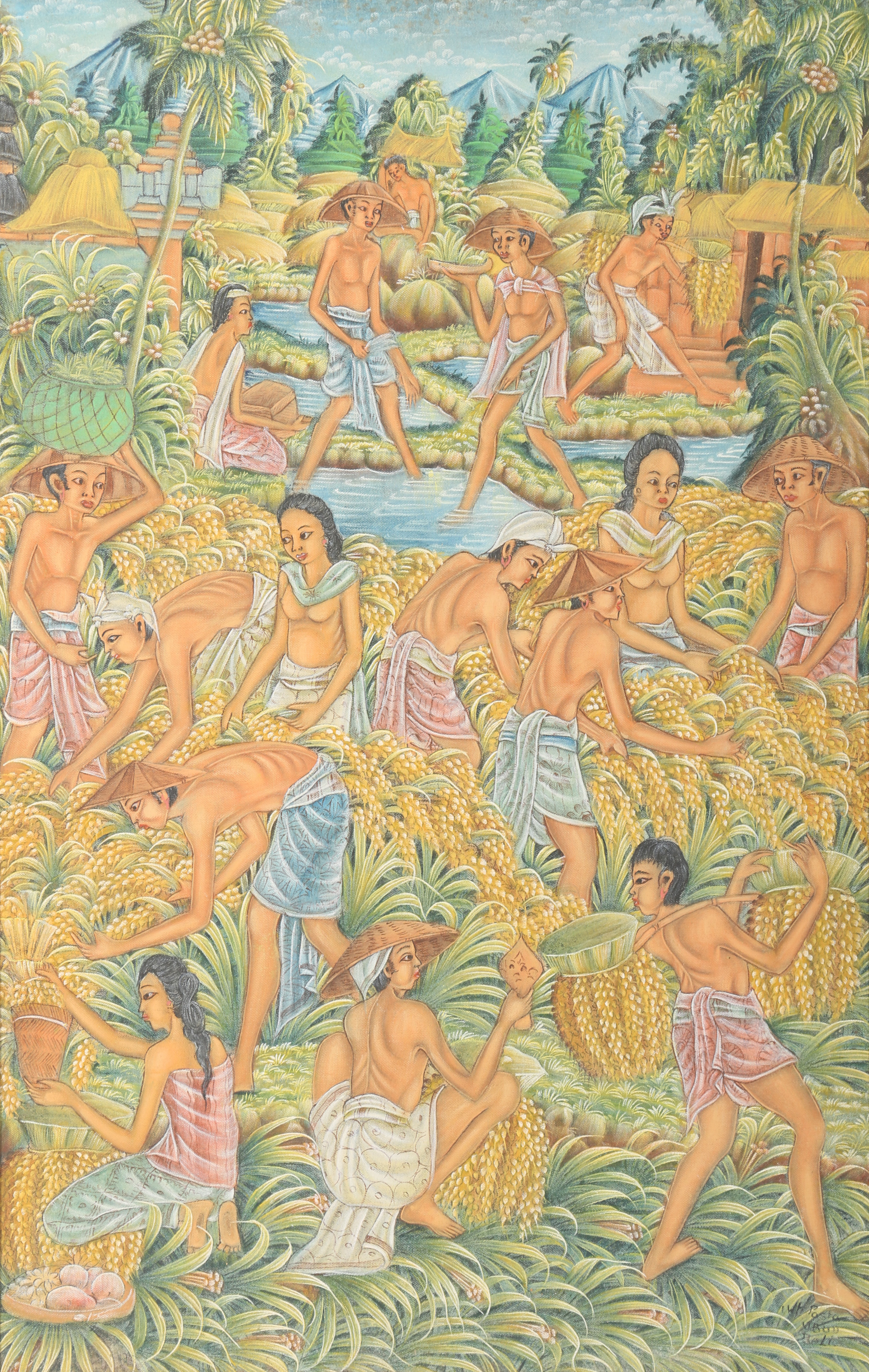 Framed Original Balinese Folk Art Painting on Linen