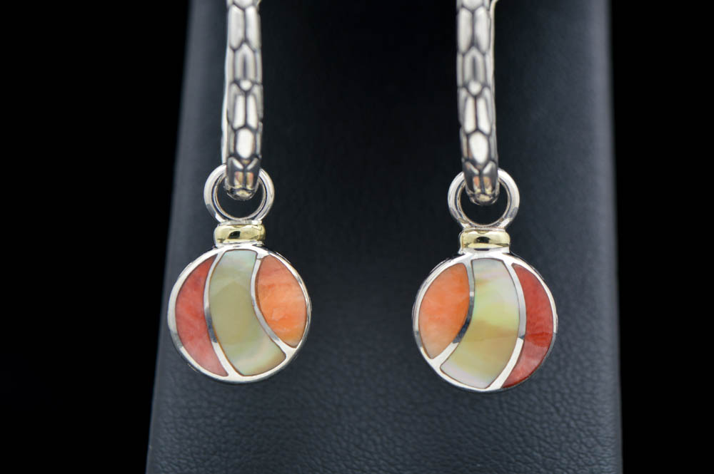 Asch Grossbardt Sterling Silver and 18K Gold and Multi-Agate Inlaid Earrings