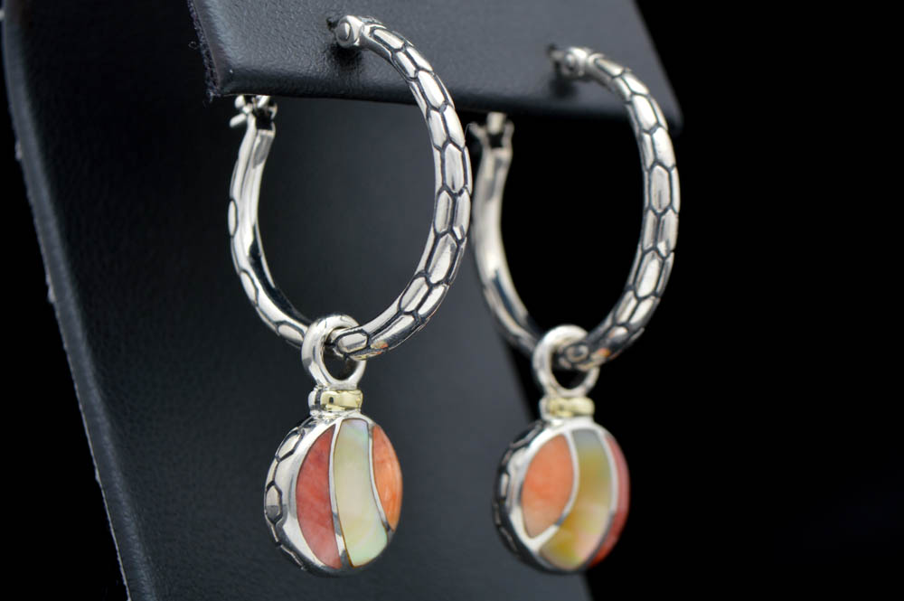 Asch Grossbardt Sterling Silver and 18K Gold and Multi-Agate Inlaid Earrings