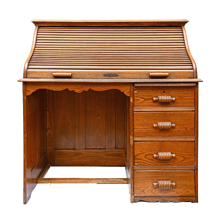 Circa 1900 Oak Single-Pedestal Rolltop Desk