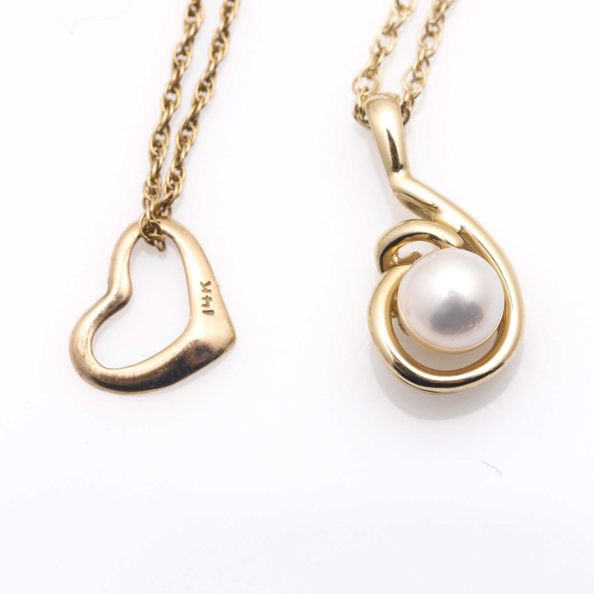 14K Yellow Gold Pearl and Heart Pendant Necklaces