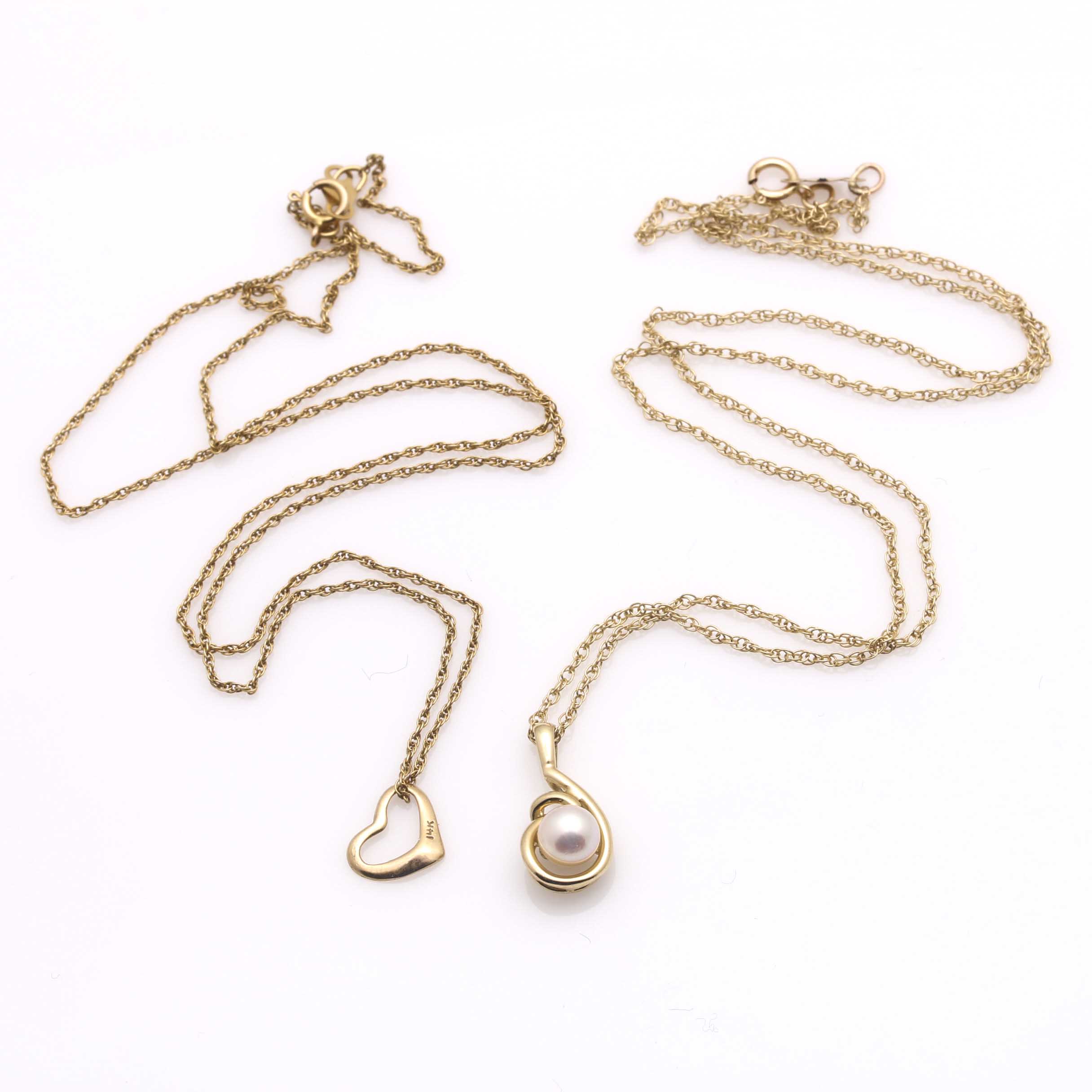 14K Yellow Gold Pearl and Heart Pendant Necklaces